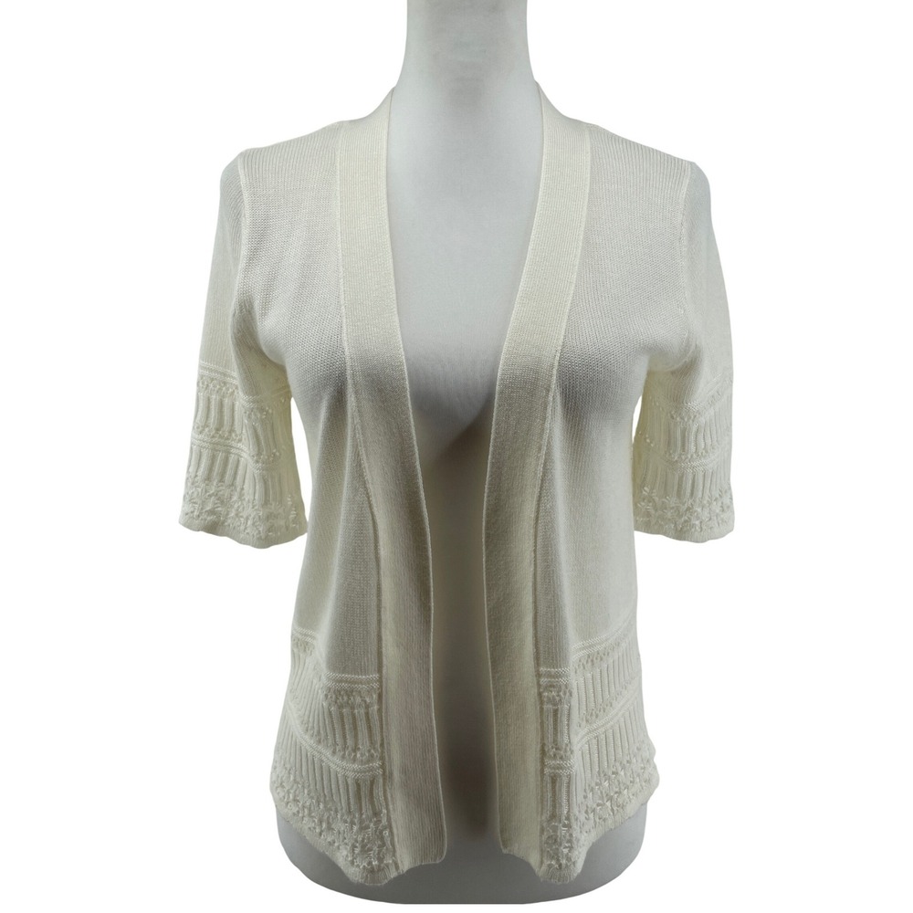 Liz Claiborne Open Cardigan Sweater Womens Medium Ivory Cottagecore Short Sleeve